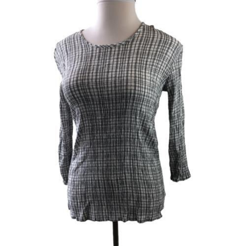 Flax Textured Crinkle Top White Black Plaid Large Minimalist Lightweight Stretch - Picture 9 of 9